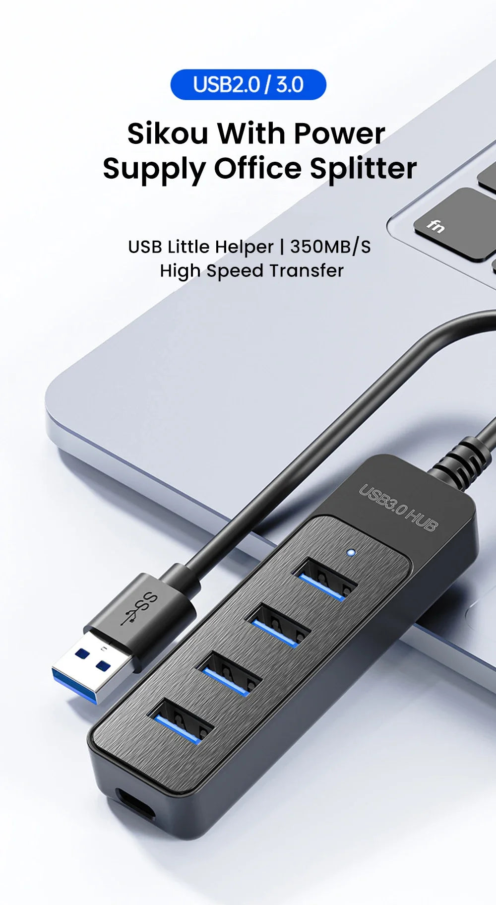 USB 3.0 Hub 4-Port Splitter with Type-C Power Port | 5Gbps USB Hub Splitter Zpaxo