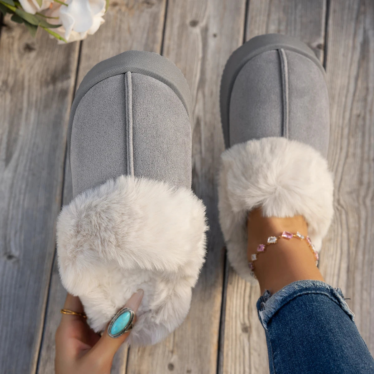 Women Ankle Boots Thickened Fluff House Shoes Women Trend Casual Short Boots Women Solid Color Slip on Furry Slippers Soft Warm Zpaxo GRAY 40-41
