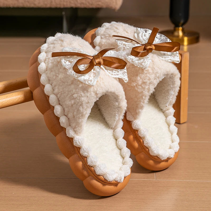 Winter Warm Fur Slippers Women Thick-soled Household Cute Bow Non Zpaxo beige 40-41