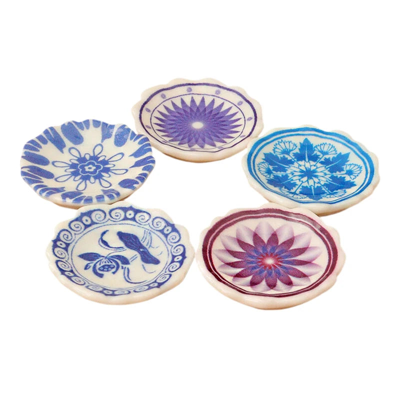 ▶5Pcs 1:12 Dollhouse Miniature Dining Plates Doll Home Simulation Kitchen Tableware Accessories Dolls House Scene Decor Toy Zpaxo 5Pcs