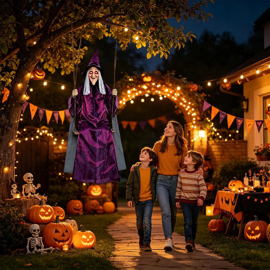 Swinging Witch 1.8m Life Size Outdoor Haunted House Props Witch on a Swing for Garden Porch Yard Lawn Fireplace Mantel Home Zpaxo