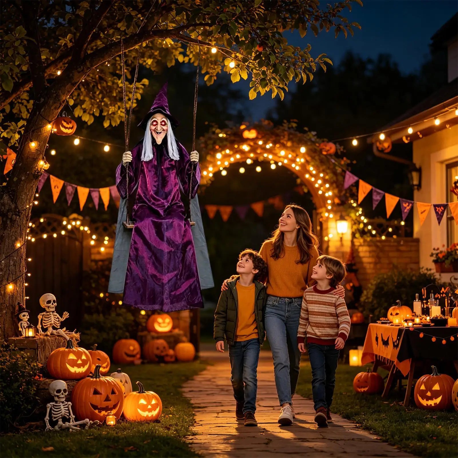 Swinging Witch 1.8m Life Size Outdoor Haunted House Props Witch on a Swing for Garden Porch Yard Lawn Fireplace Mantel Home Zpaxo