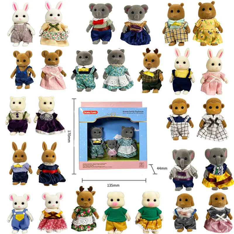 1 12 Forest Animal Family Mini Rabbit Bear Deer Cat Doll Girl Play