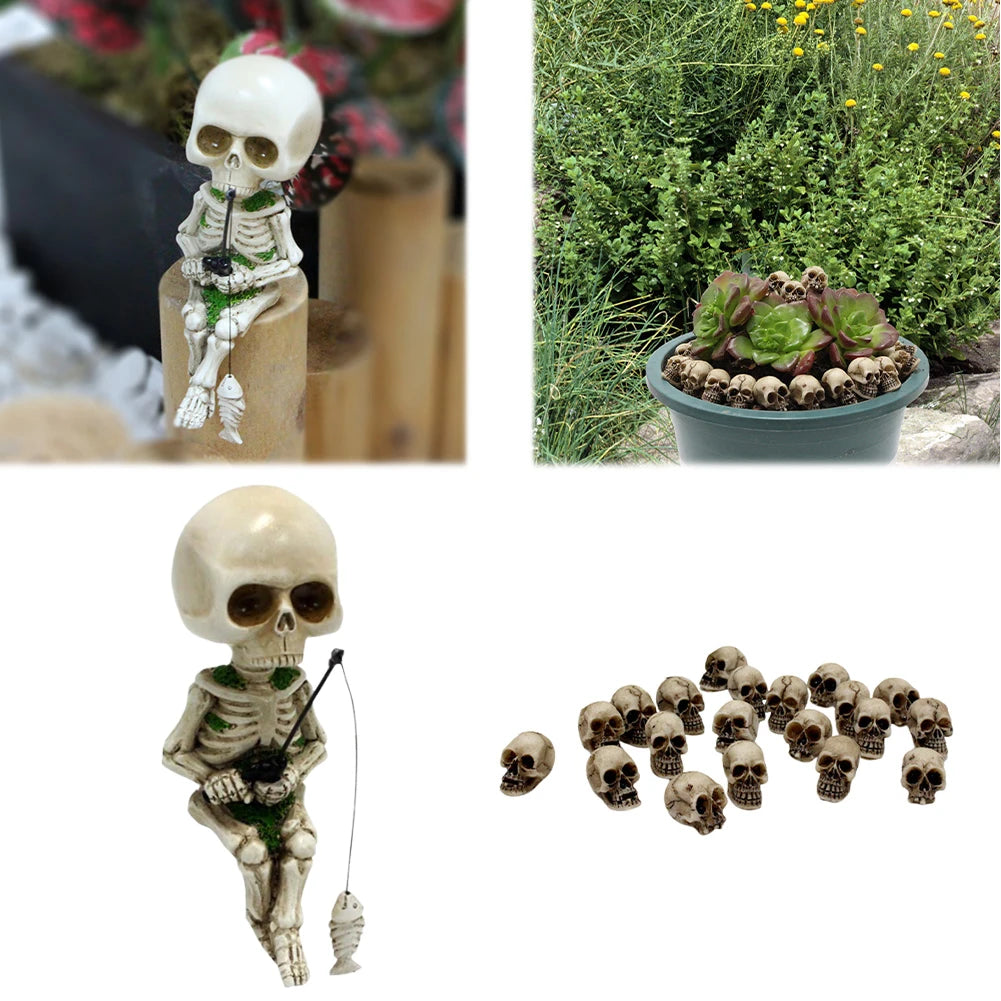 Resin Cute Skull Fisher Sculpture Halloween Decor Mini Figurines
