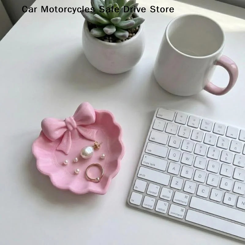 CMHeart-Shaped 3D Printed Jewelry Tray Pink Bow Elegant Decor Table