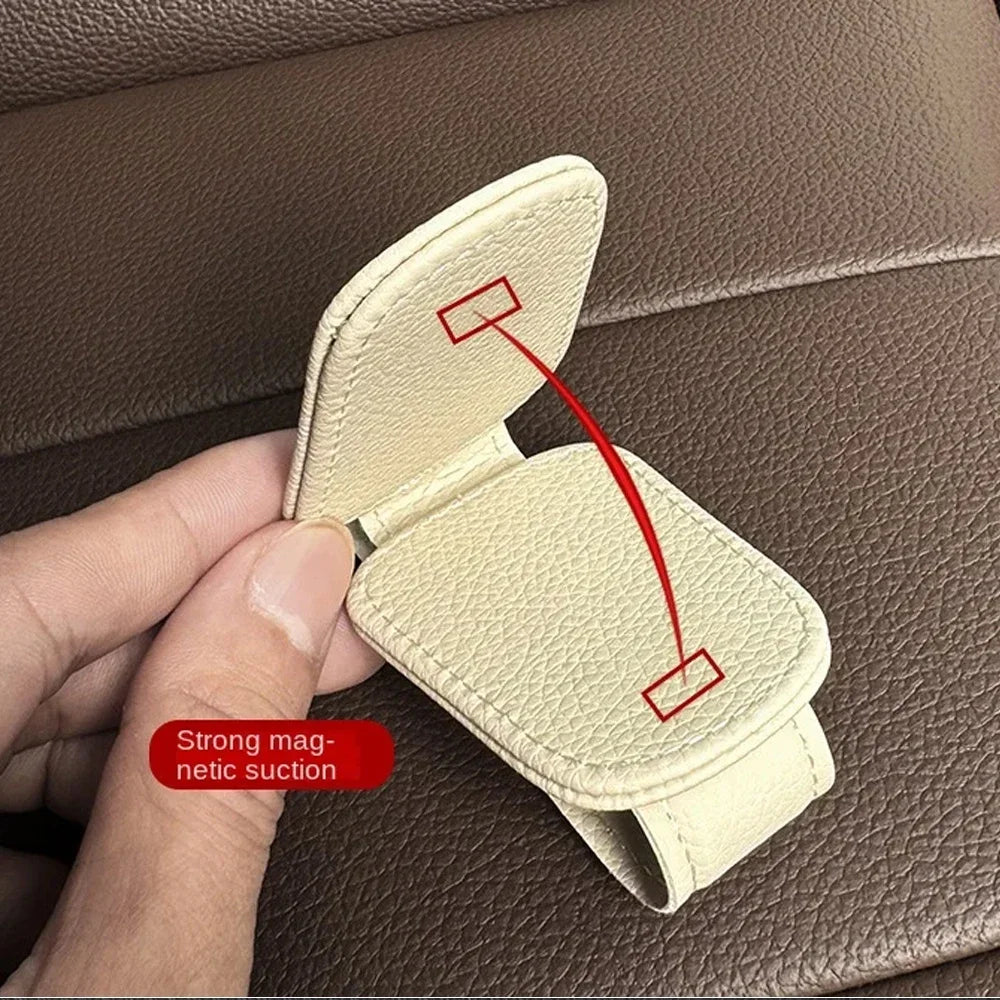 Sunglasses Box Holder Magnetic Leather Universal Car Glasses Clip