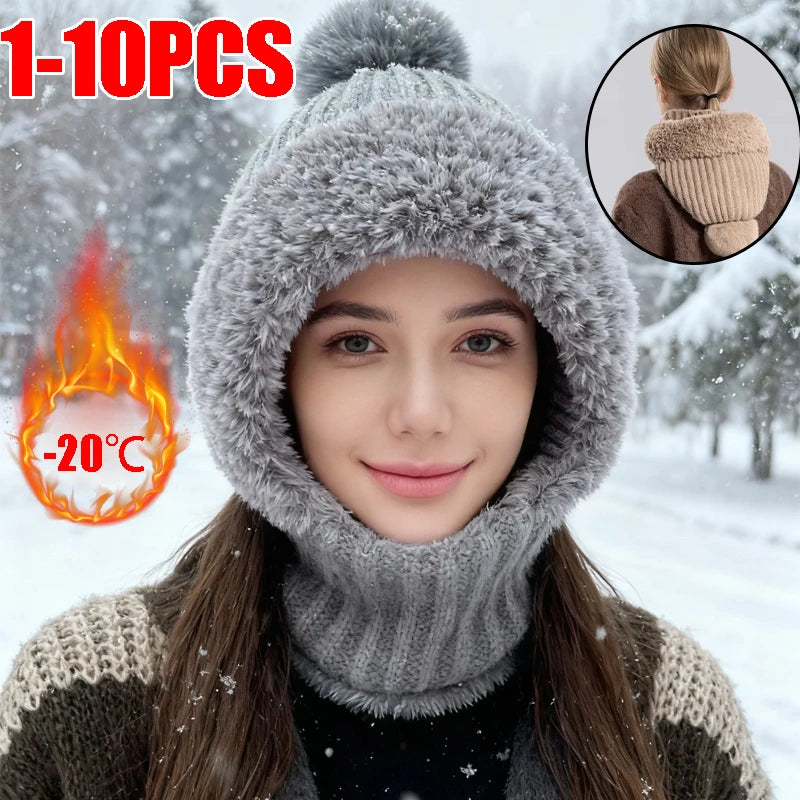 Winter Fleece-lined Knit Hat Ear Protection Windproof Integrated Hood