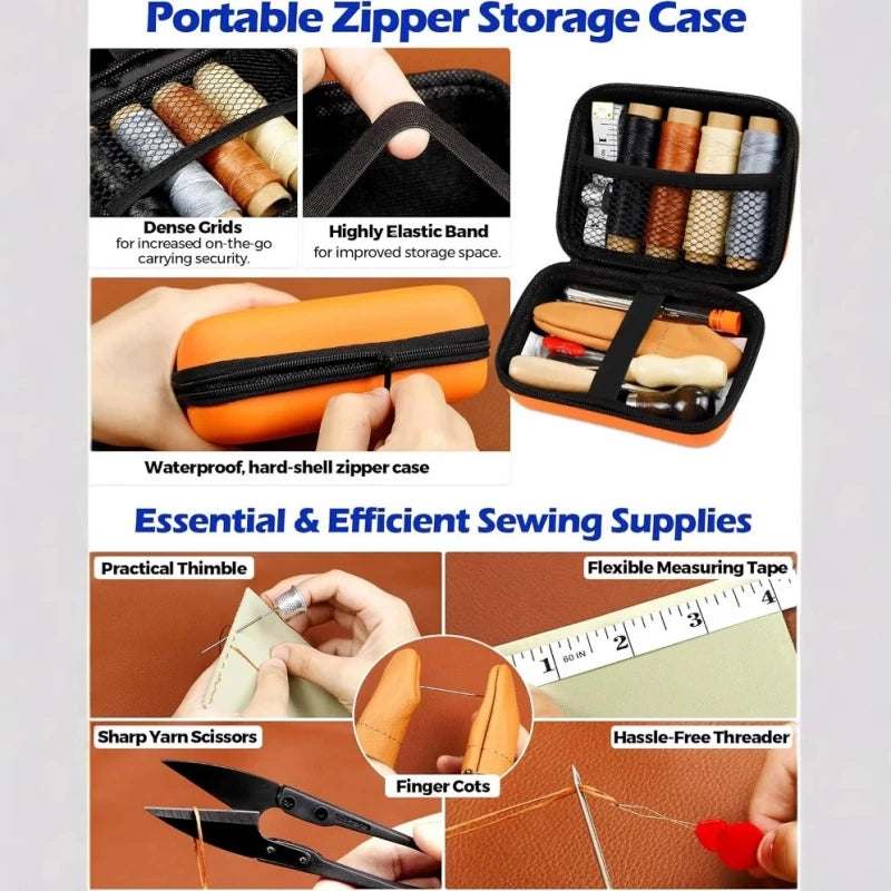 orange Leather Sewing Kit, Leather Stitching Kit with Sewing Awl, Needles, Waxed Thread, Upholstery Repair Kit, Sewing Tools Zpaxo
