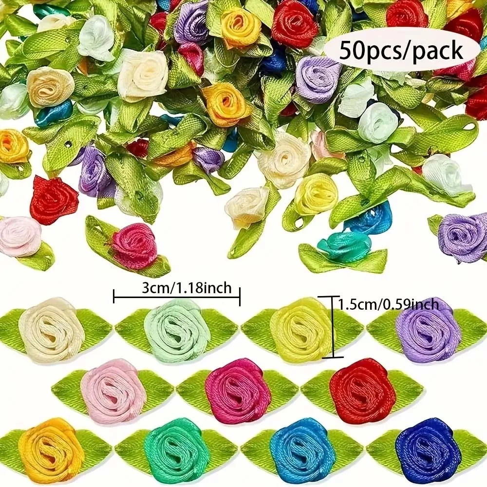 50pcs Artificial Ribbon Roses & Leaves – DIY Craft Decor Artificial Craft Flowers Zpaxo 50pcs