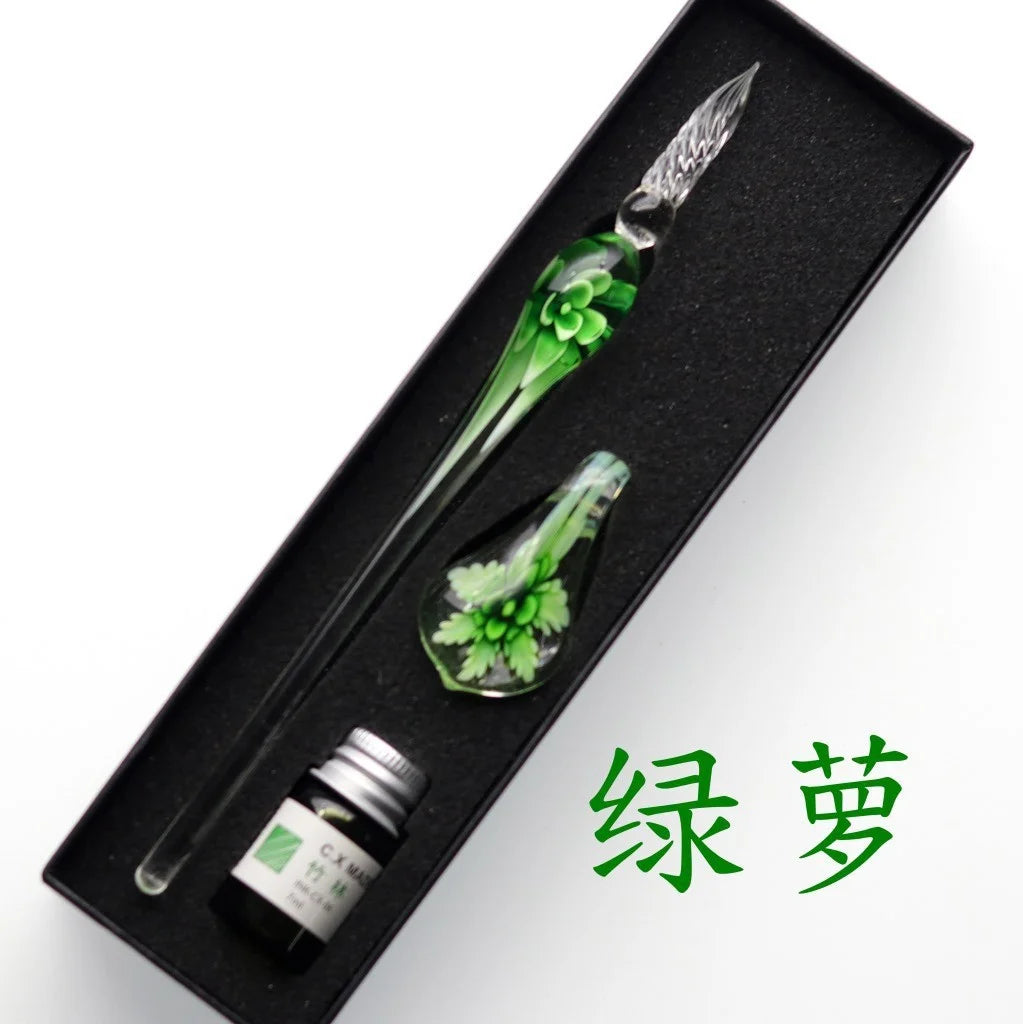 Embedded Flower Glass Dip Pen Set – Elegant Gift Box