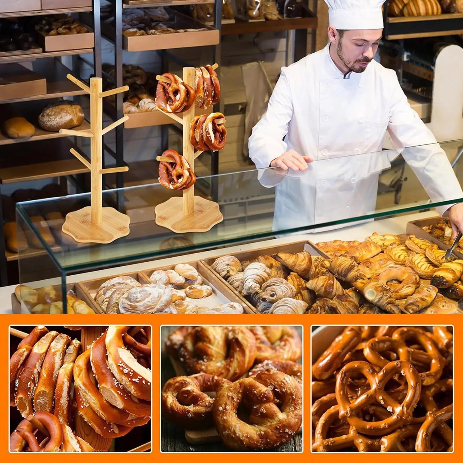 Wooden Tree Shape Pretzel Display Stand Donut Sausage Organizer Space