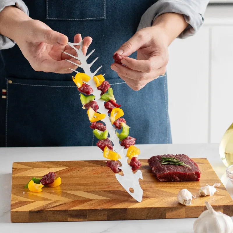 Fishbone Stainless Steel BBQ Skewer – Multi-Prong Grill Tool BBQ Grill Skewer Zpaxo