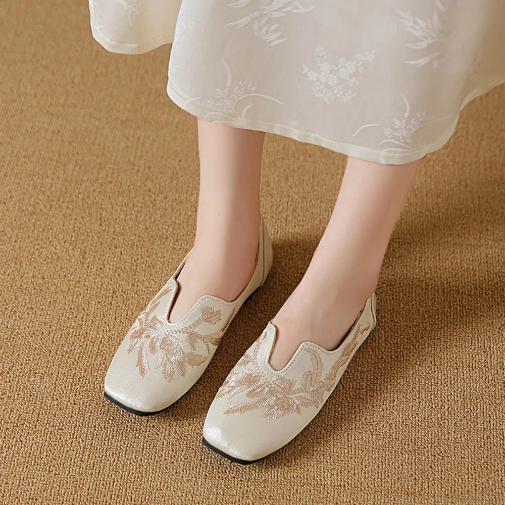 Womens Square Toe Embroidery Loafers Shoes Flats Moccasins Casual