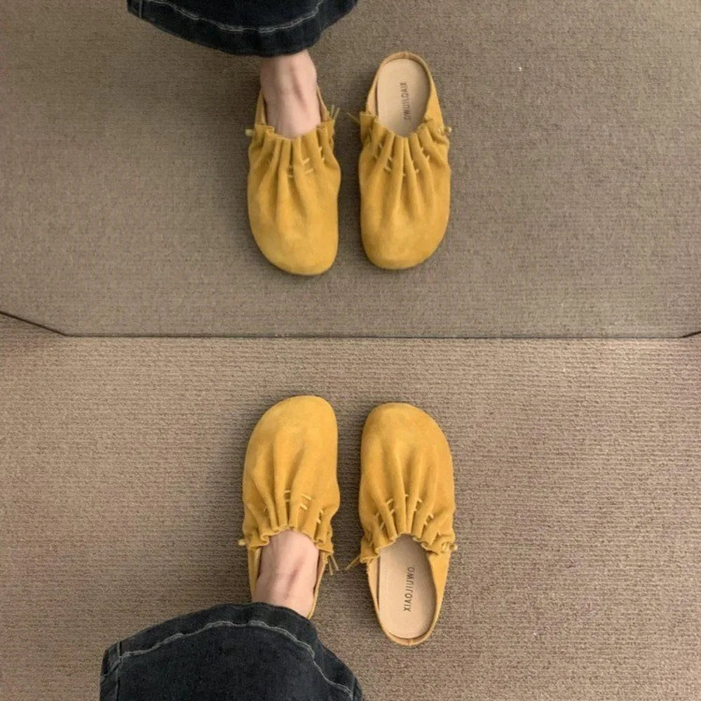 Women Flats Slippers Designer Pleated Casual Mules Shoes 2025 Spring