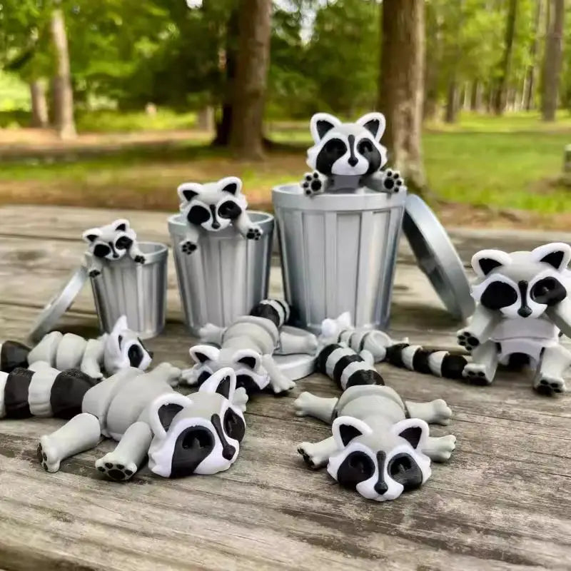 3D Printed Articulated Raccoon Fidget Toy & Trash Can Set