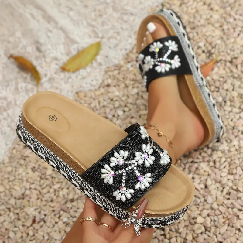 Summer Women's Pearl Rhinestone Embellishment Fish Mouth Open Toe Zpaxo black 43