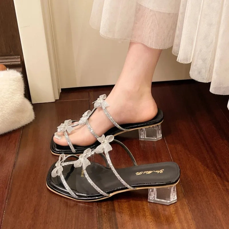 Women's Summer Chunky Heel Sandals Women French Rhinestone Butterfly Zpaxo black 40