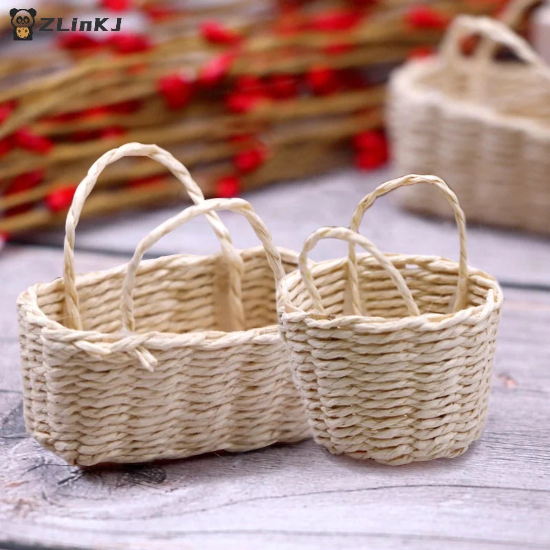 ▶1:12 Dollhouse Miniature Storage Basket Vegetable Food Woven Frame Portable Flower Basket Kitchen Home Model Decor Toy Zpaxo