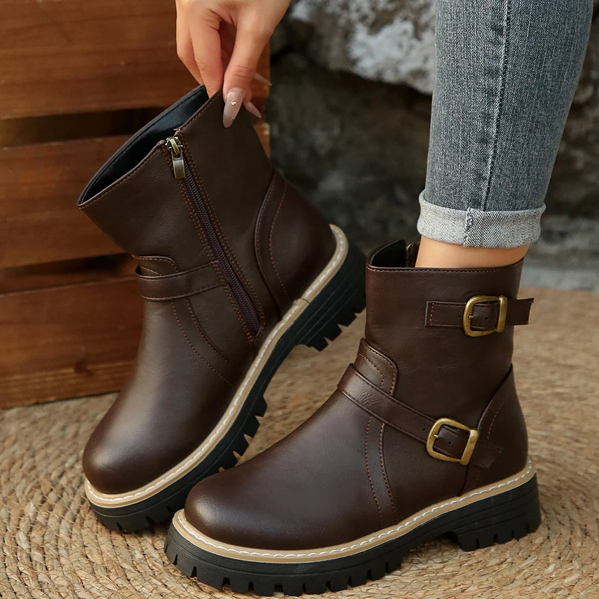 2025 New Women Ankle Boots Thick Bottom British Style Short Boots Women Round Toe Knight Boots Warm Resistant Medium Heel Shoes Zpaxo
