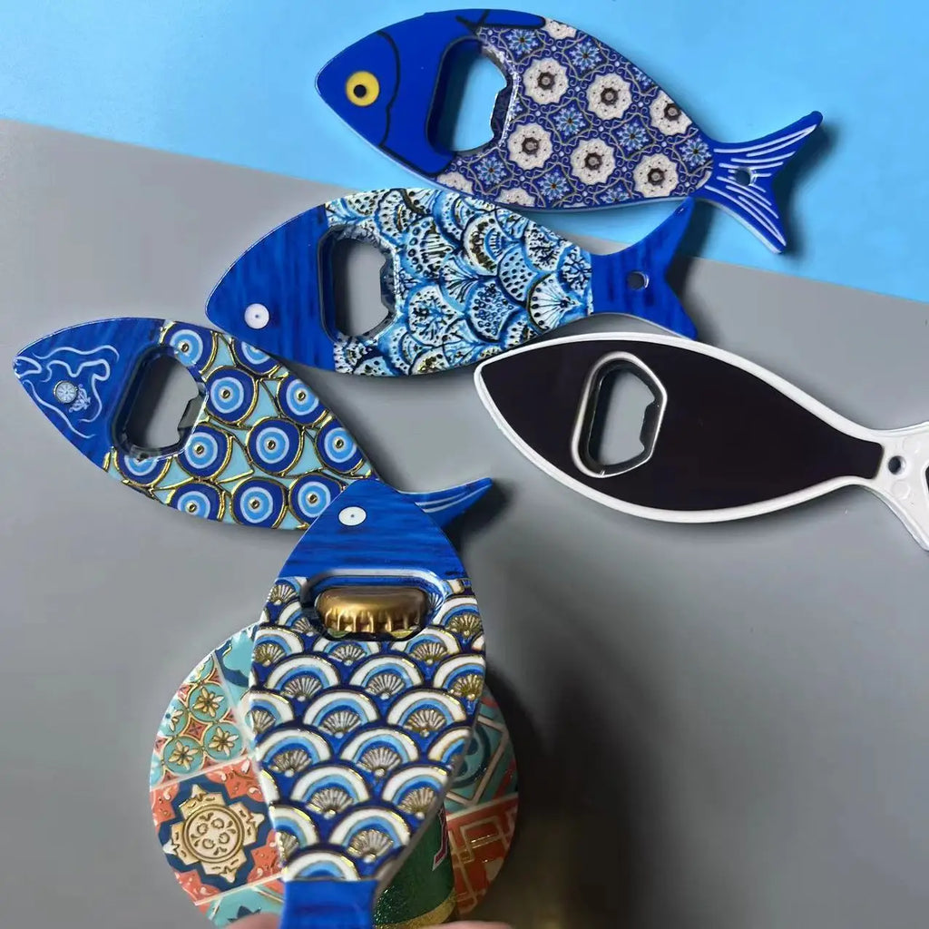 1 Fish Fridge Magnet Bottle Opener Hand Made Acrylic Art Blue Pattern Zpaxo