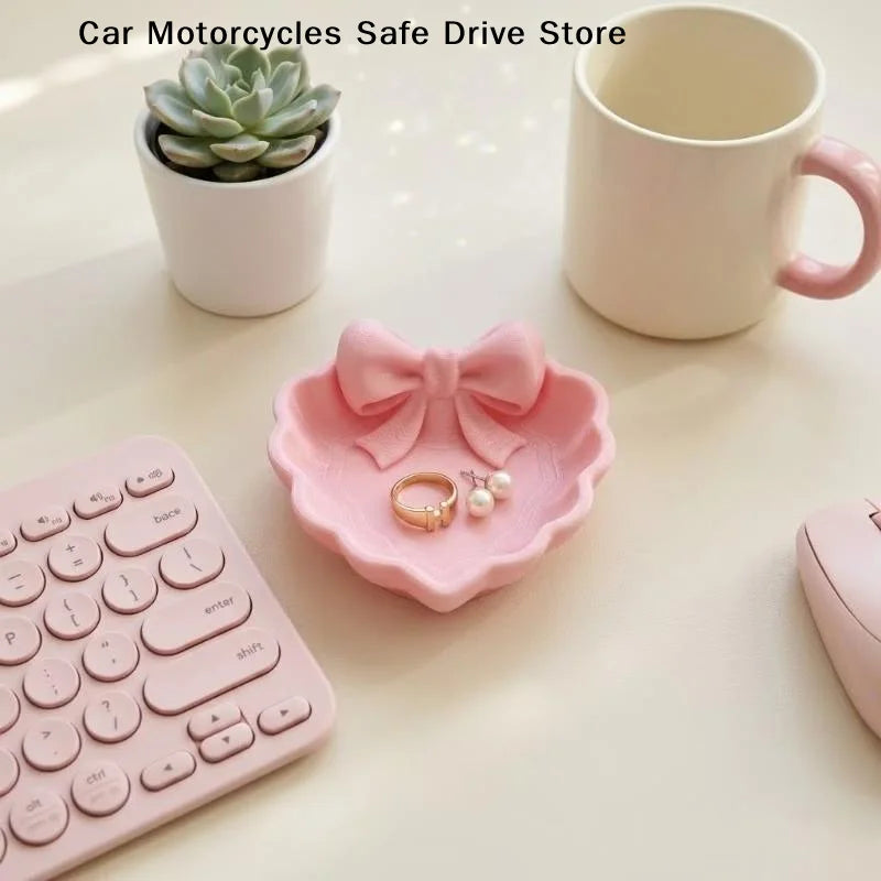 CMHeart-Shaped 3D Printed Jewelry Tray Pink Bow Elegant Decor Table
