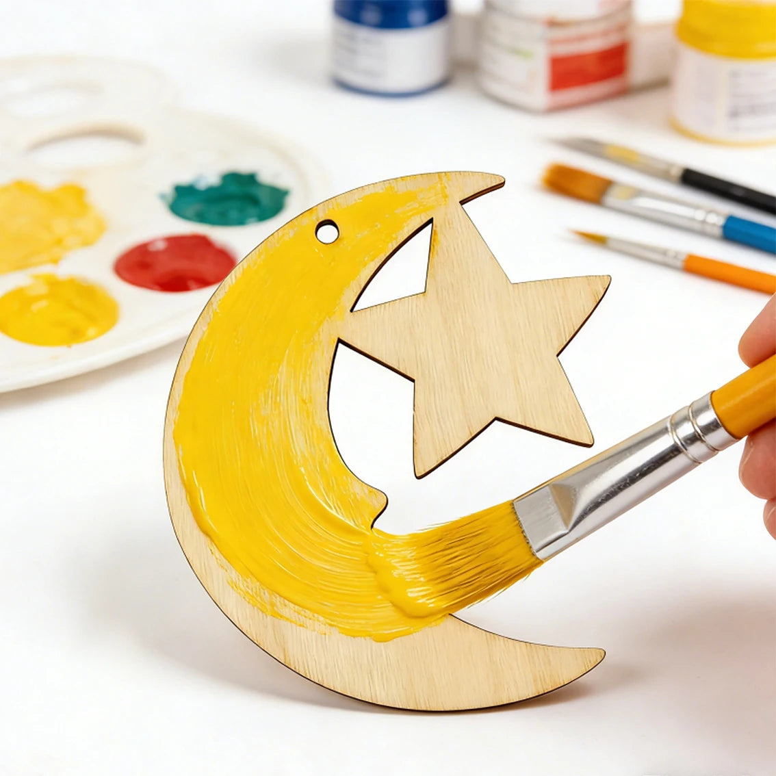 24/48 PCS Wooden Moon & Star DIY Hanging Ornaments + Hemp Rope