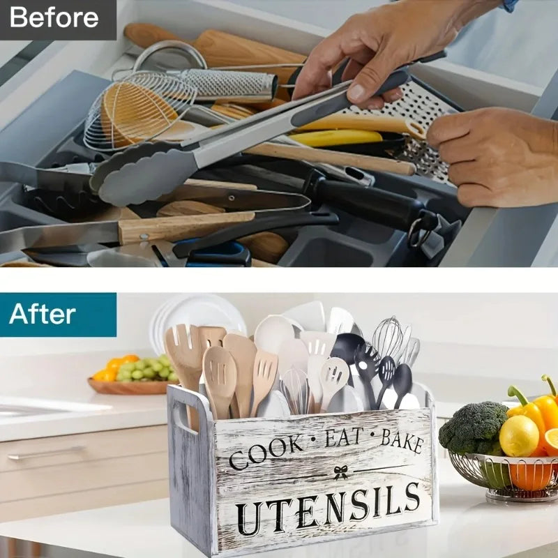 Kitchen Utensil Rack Three Compartments Rustic Wooden Storage Box