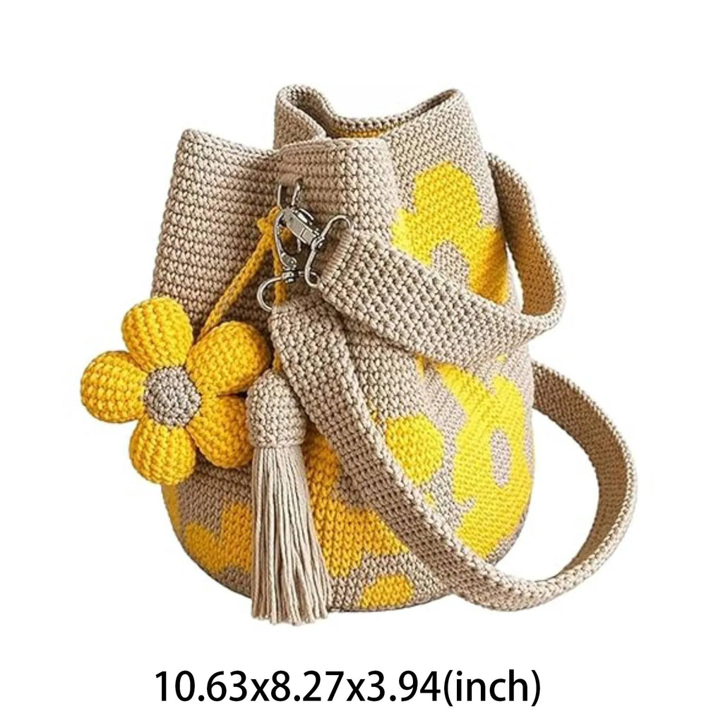 Boho Beach Handbag Flower Tassel Needlepoint Barrel Drawstring Purse