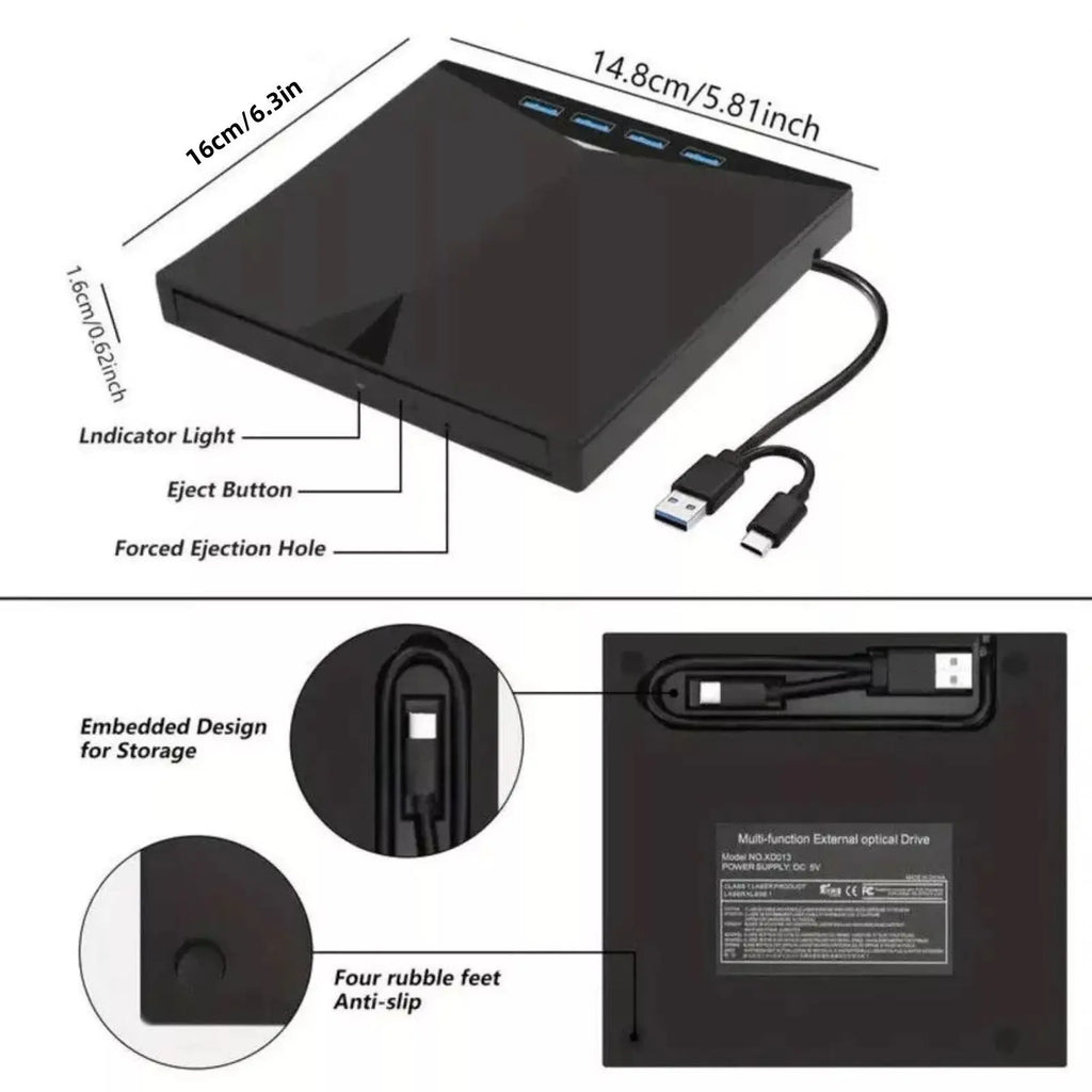 7-in-1 USB 3 0 Type-c External DVD CD Drive Burner Reader Player