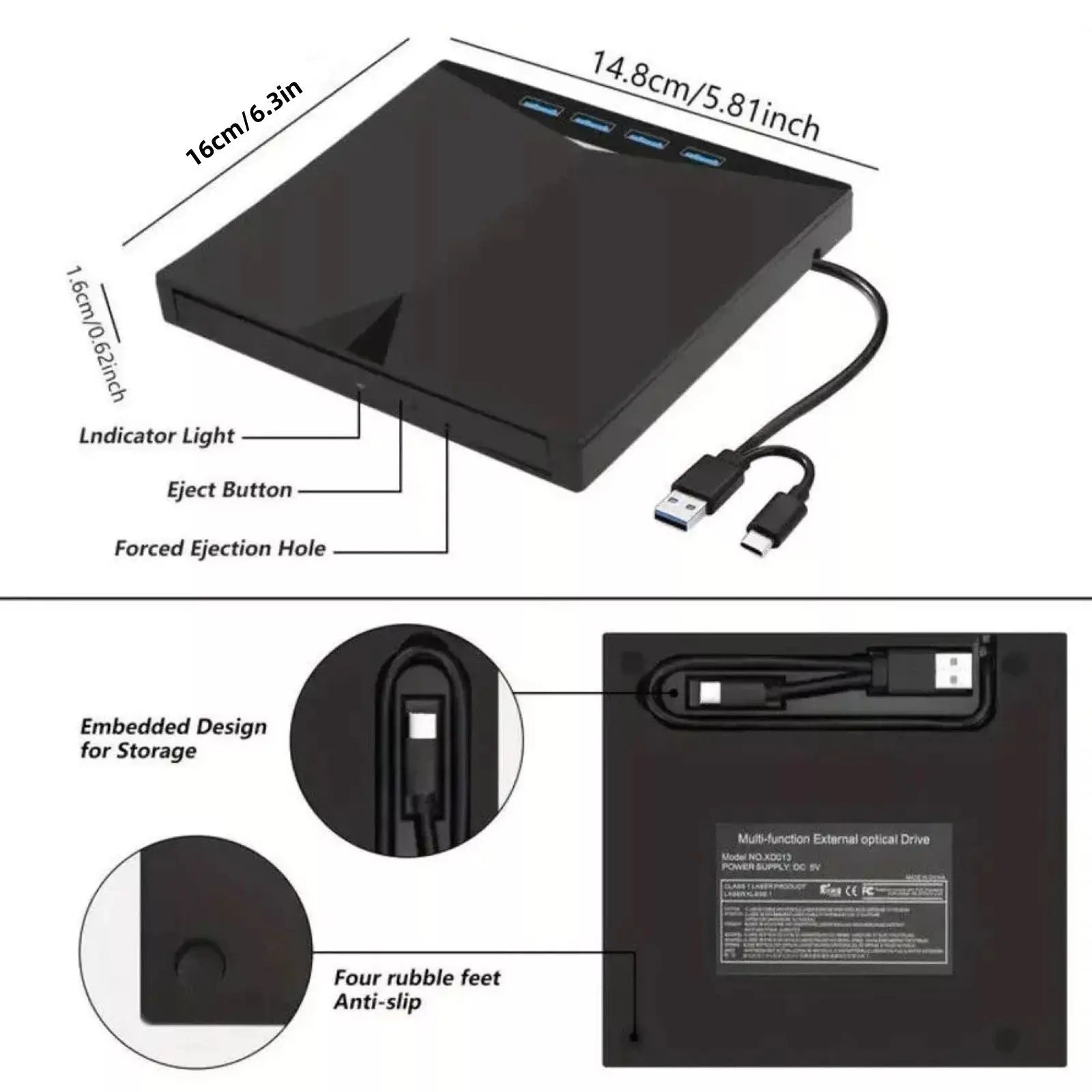 7-in-1 USB 3 0 Type-c External DVD CD Drive Burner Reader Player