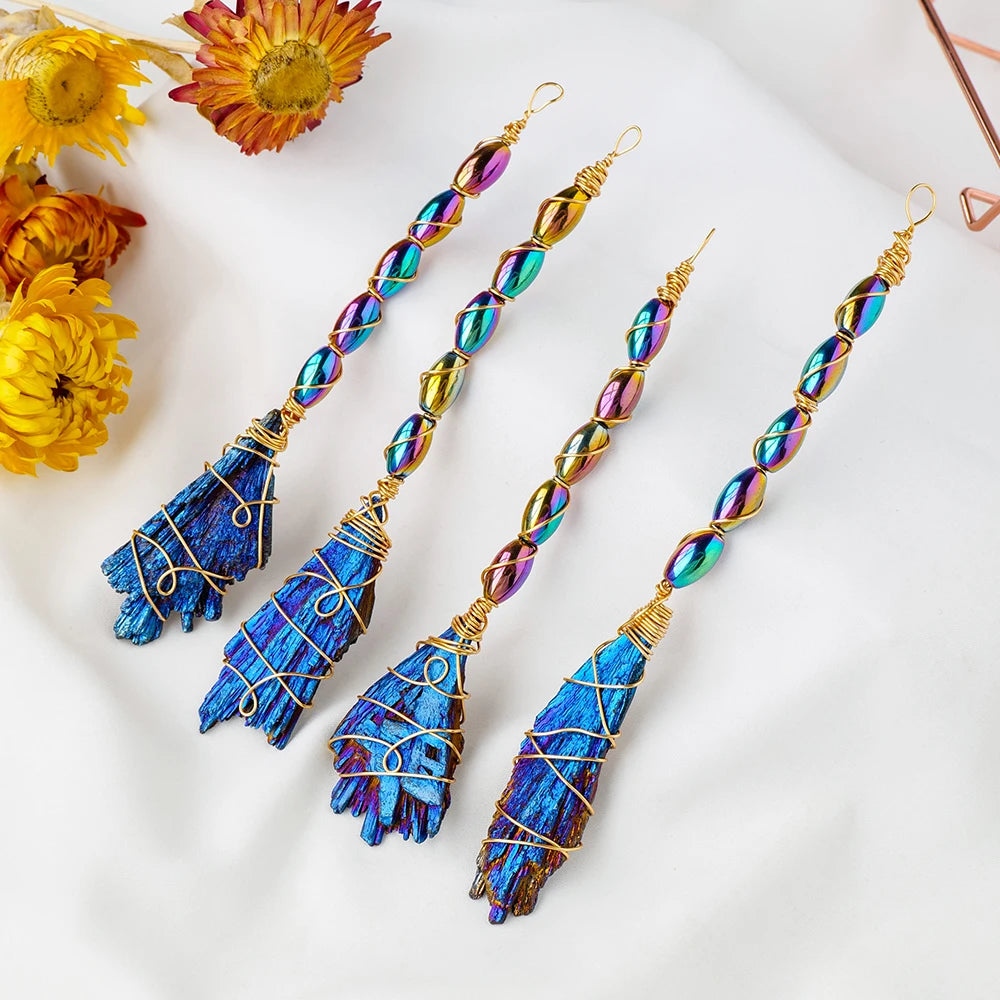 Natural Crystal Broom Black Tourmaline Aura Blaze Blue Feather Shape DIY Sweeper Witchcraft Ornaments Zpaxo