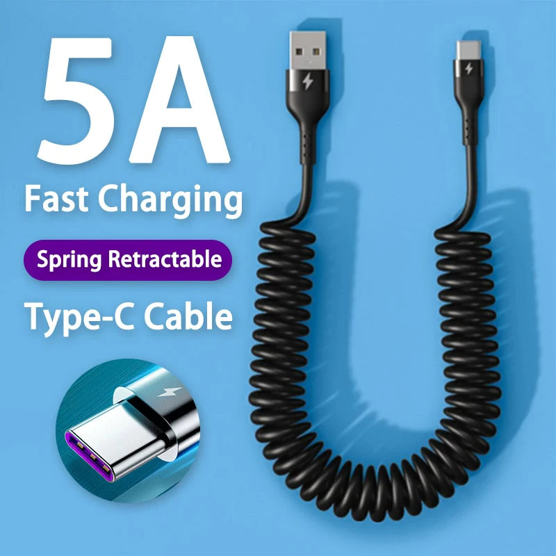 66W 5A Fast Charging Type C Cable Spring Telescopic Car Phone Charger USB Cable For Samsung Huawei Xiaomi Oppo USB C Data Wire Zpaxo