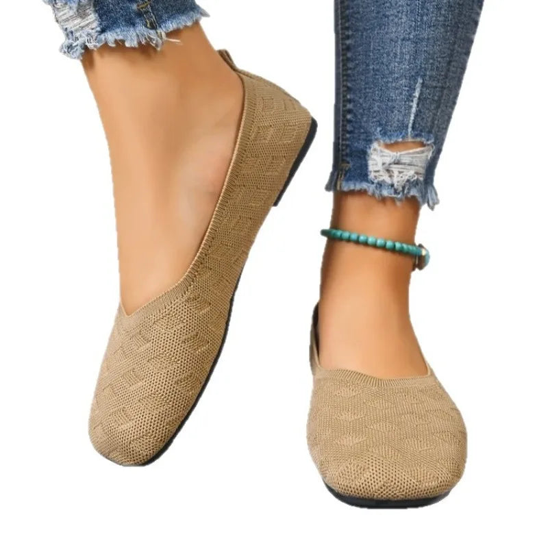 2026 Spring Autumn Square Toe Flat Office Boat Solid Knitted Slip