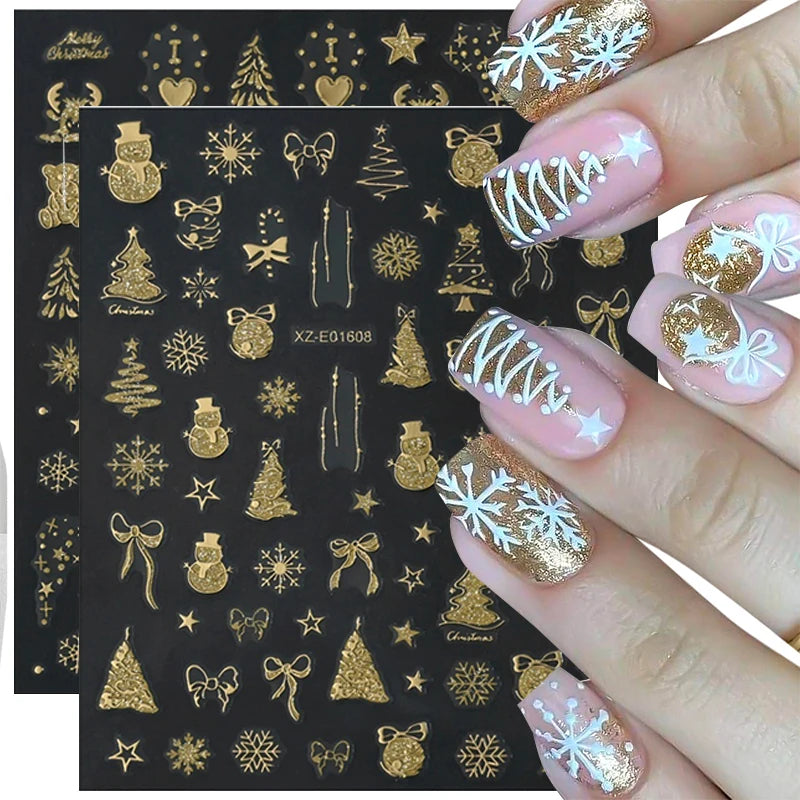 1 Gold Stamping Christmas Nail Stickers 3D Sparkling Snowman Zpaxo
