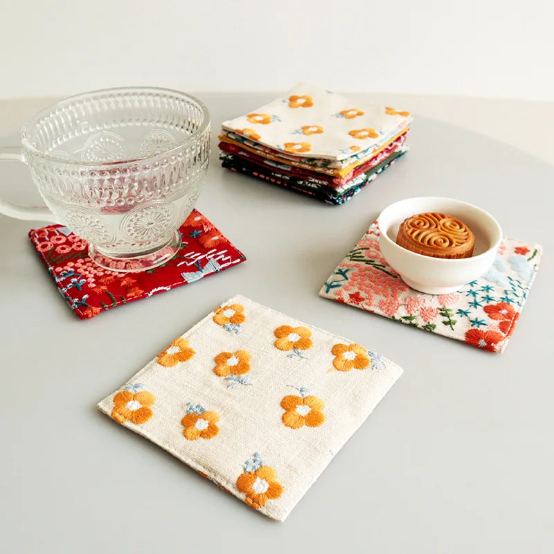 Cotton Hemp Embroidery Cup Mat – Thick Insulated Tea Coaster Tea Table Coaster Zpaxo
