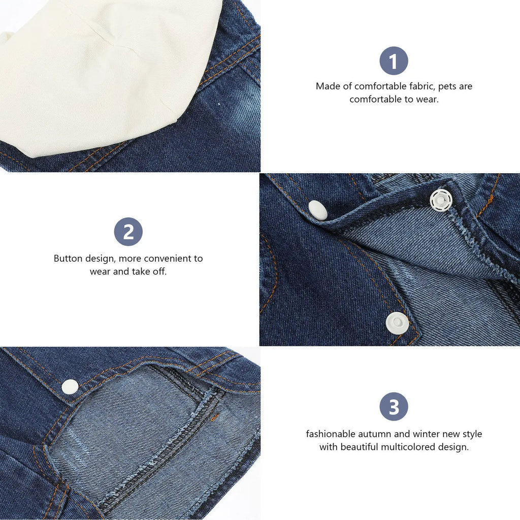Pet Denim Vest Cool Retro Jeans Jacket Lapel Collar Button Closure
