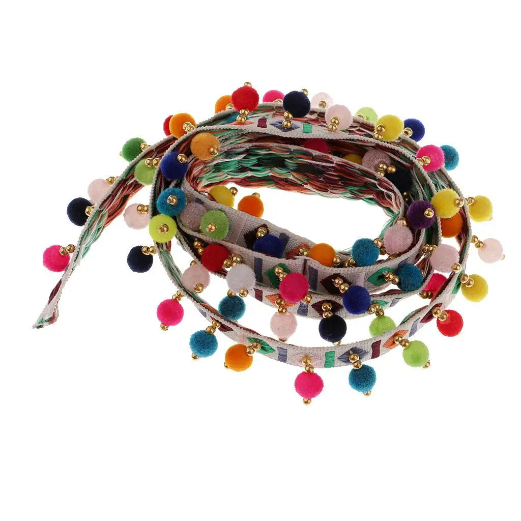 1 Yard Rainbow Color Ethnic Tassel Ribbon Fringe Trim Pom Pom Bobble Lace Colored Trims Ribbon DIY Sewing Crafts Zpaxo