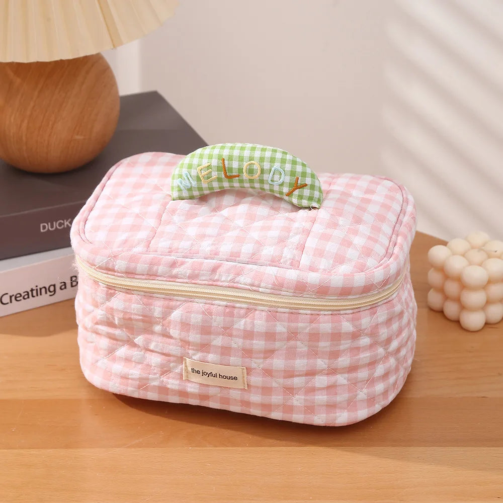 Korean Checkered Cotton Makeup Bag – Large Travel Cosmetic Pouch Travel Cosmetic Bag Zpaxo Pink