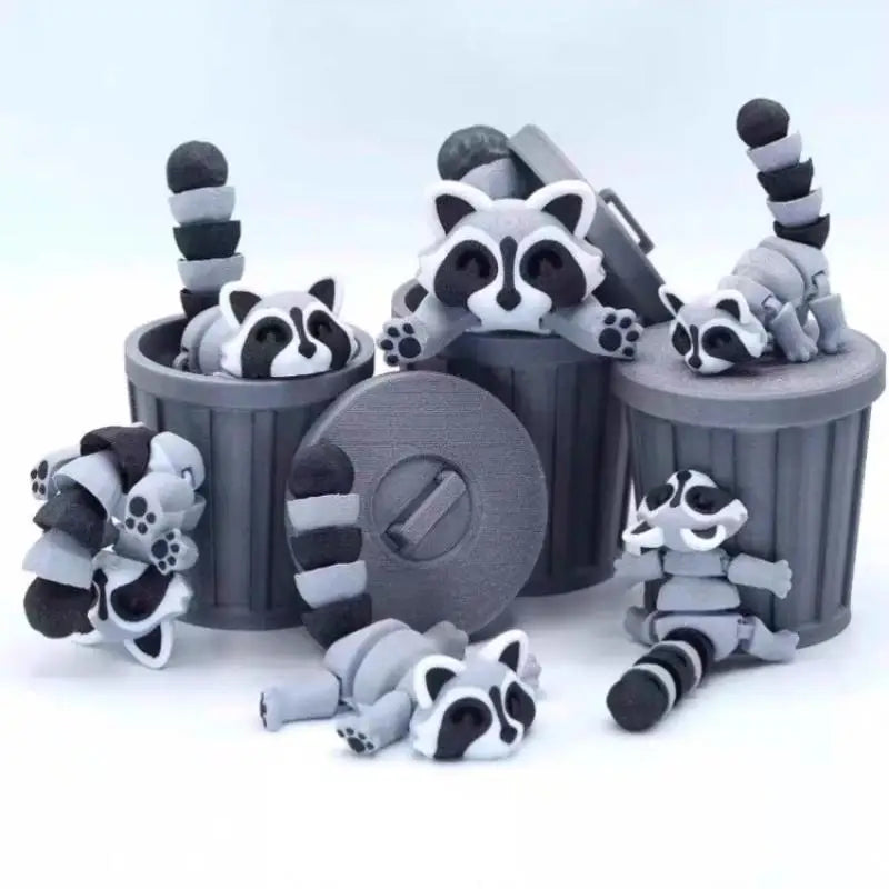 3D Printed Articulated Raccoon Fidget Toy & Trash Can Set