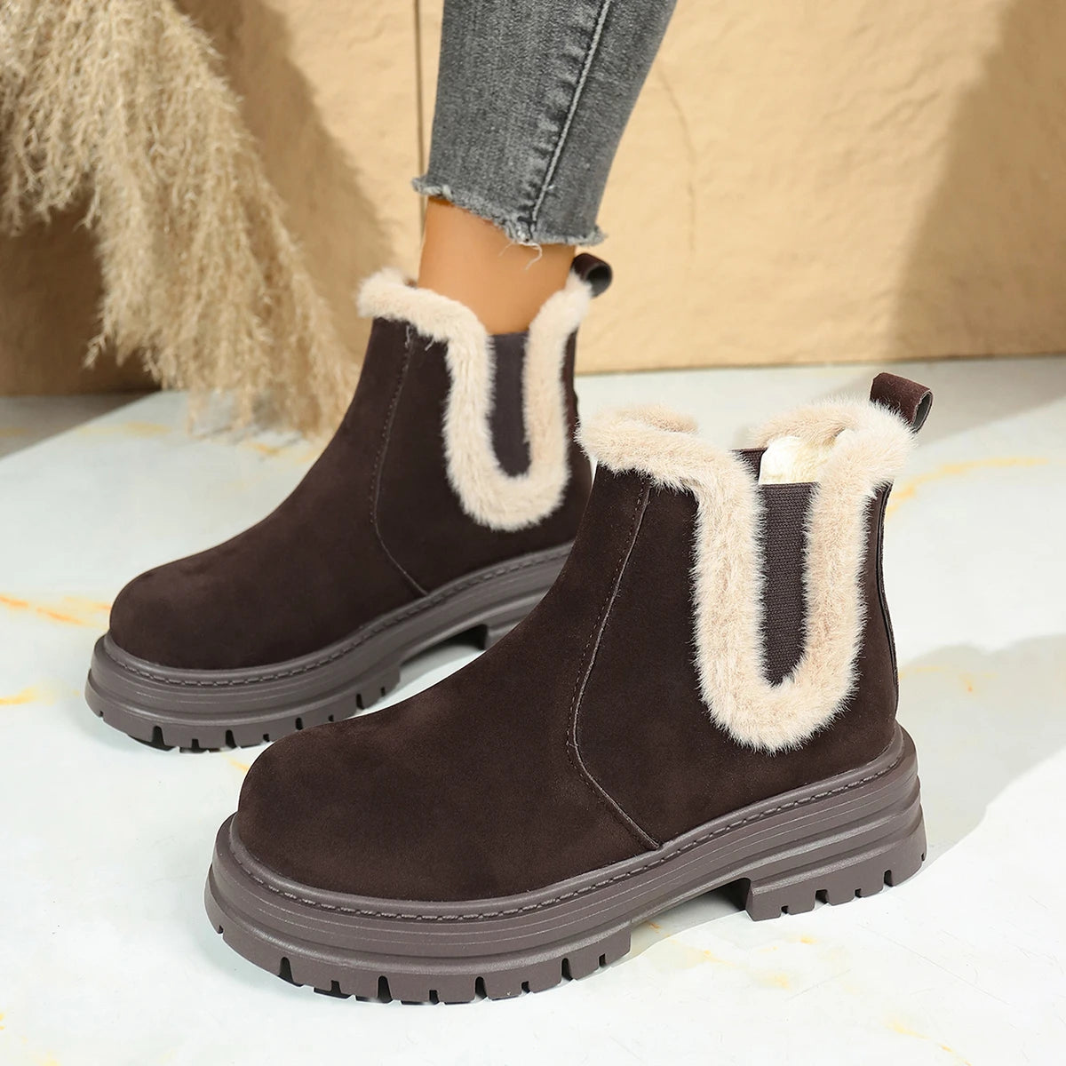 2025 New Women Boots Thickened Cotton Shoes for Women Thick Bottom Slip on Plush Ankle Boots Furry Comfortable Snow Boots Female Zpaxo Brown 40