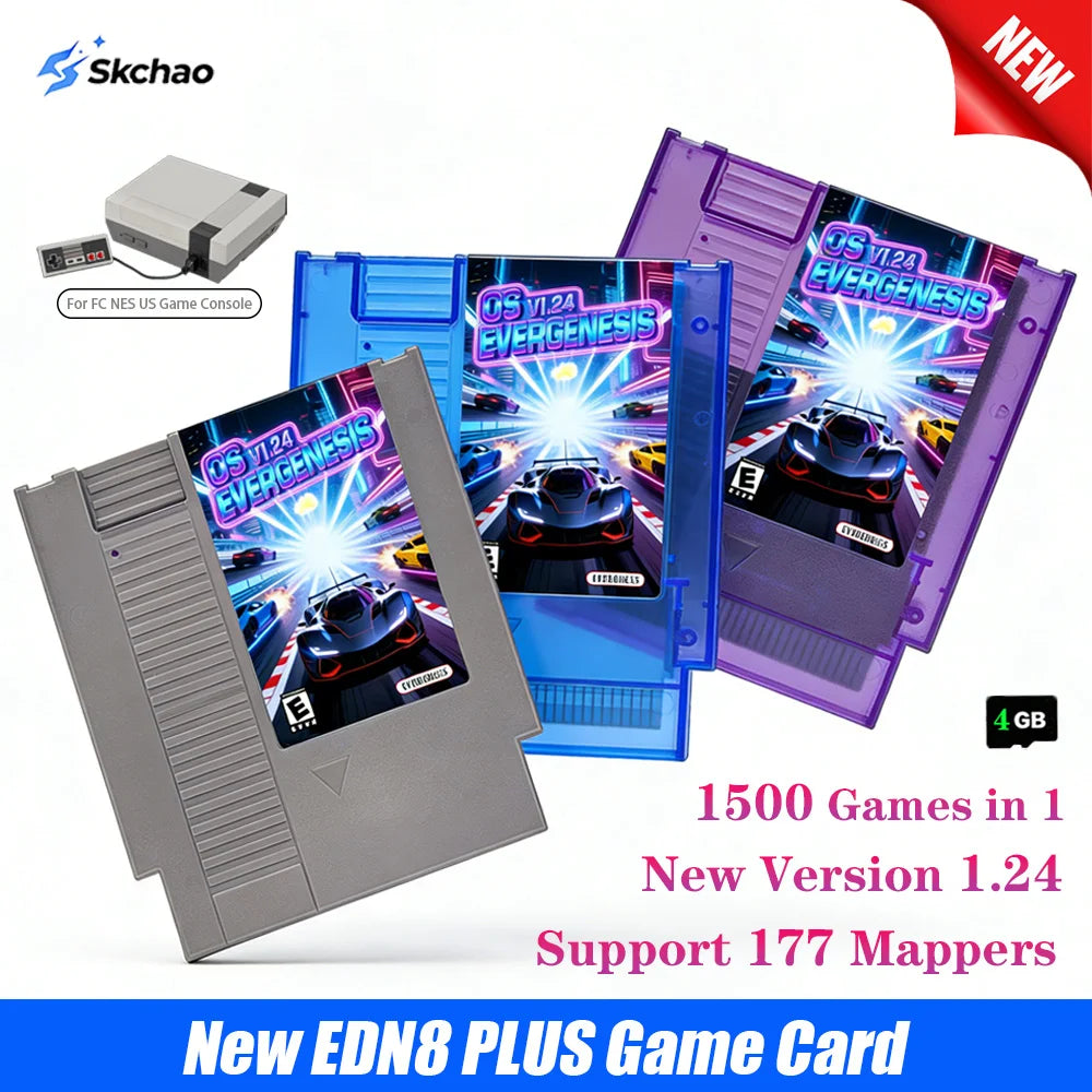 New EDN8 Plus Game Cartridge OS V1.24 Flash Card Support 177 Mappers with 1500 Games for FC NES US Vedio Game Console 4G TF Card Zpaxo