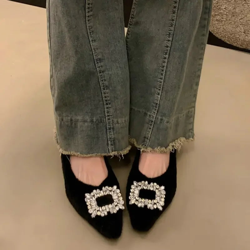 Flat Shoes for Women's Autumn Winter Rhinestone Pointed Toe Hairy Shoes Outerwear Plus Velvet Plus Plus Large Size Cotton Shoes Zpaxo