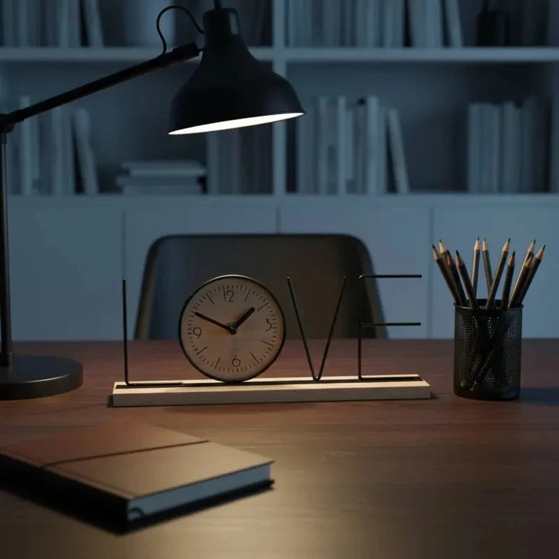 Nordic LOVE HOME Wrought Iron Wooden Table Clock Modern Letter Desk