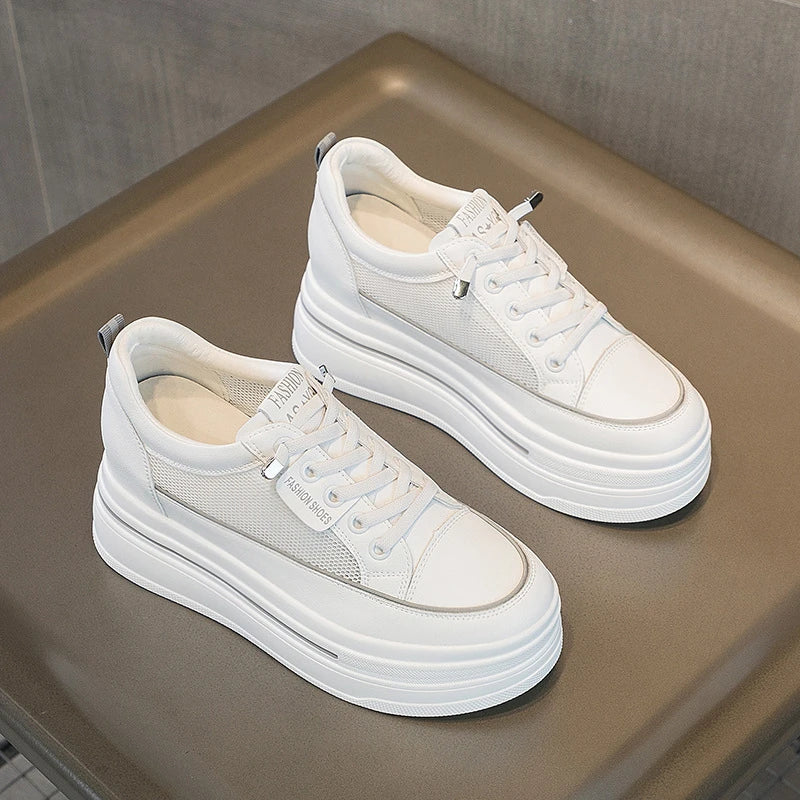 Women White Leather Platform Sneakers Hidden Heel Lift Casual Low Zpaxo