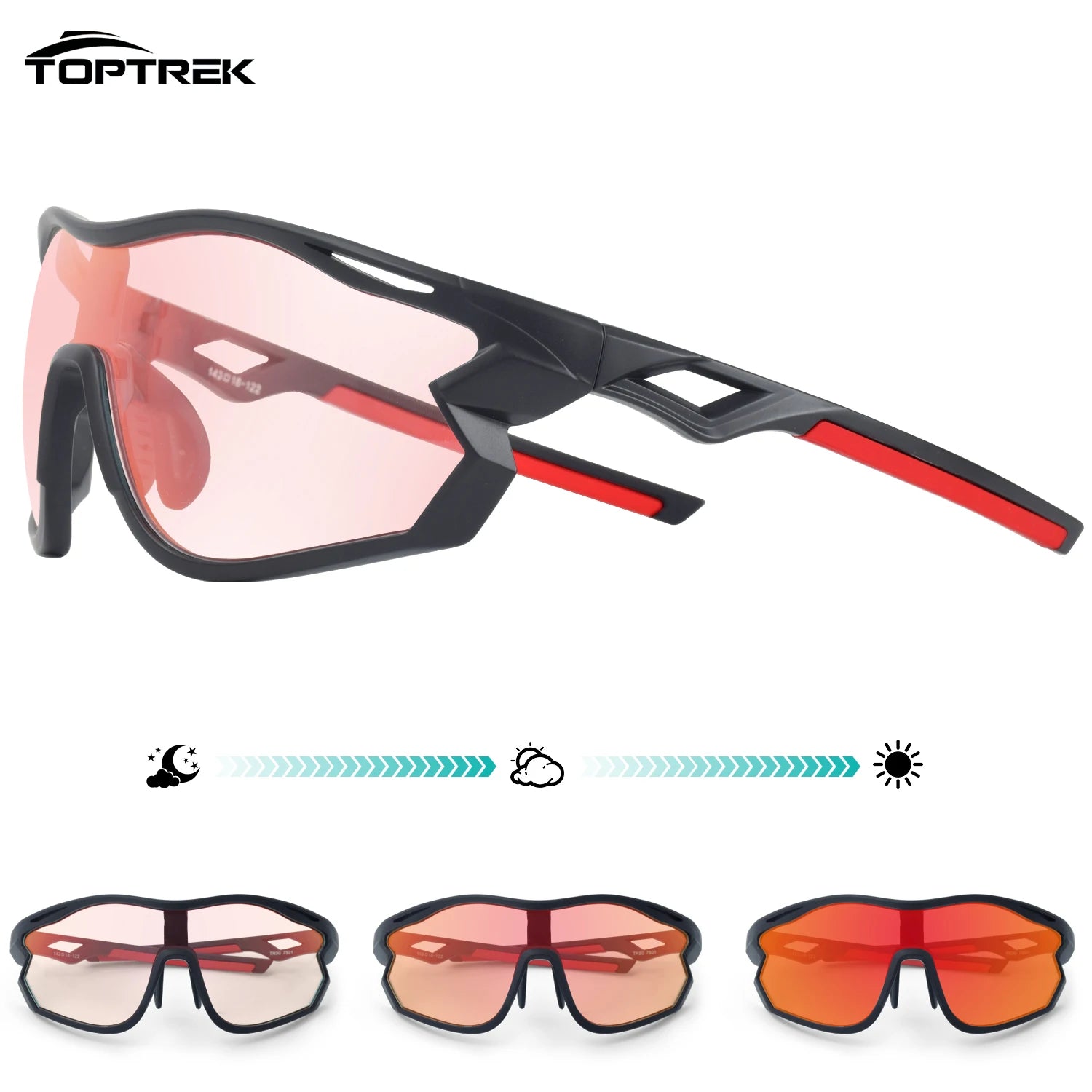 Toptrek Polarized Photochromic Cycling Sunglasses UV400 Sports Glasses Men Women Windproof Eyewear for MTB Road Bike Outdoor MTB Zpaxo 06 Black color Red
