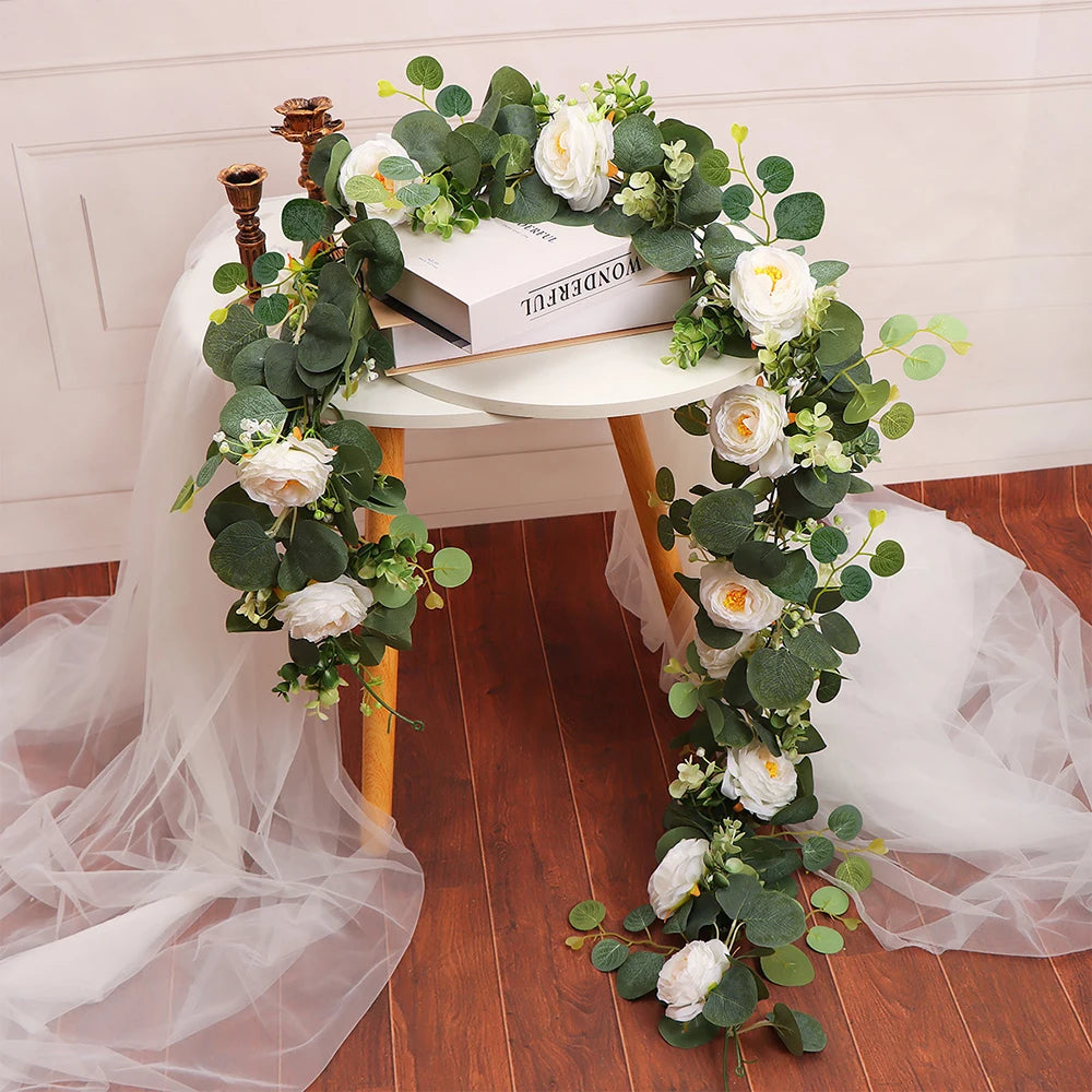 Artificial Eucalyptus Garland Wreath White Flowers Home Festival Wall