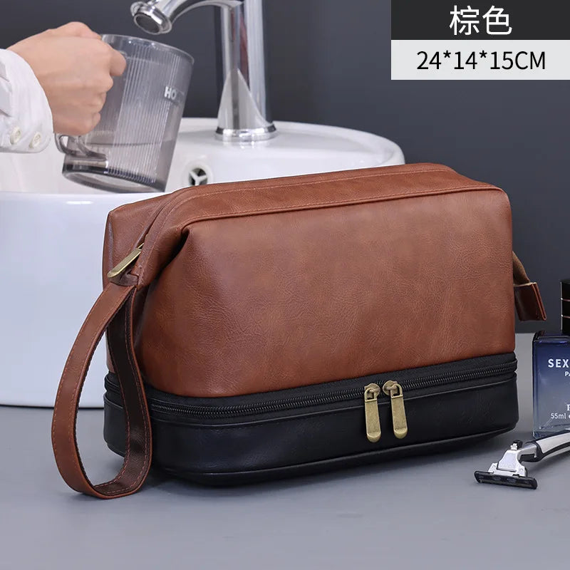 Hot Vintage Luxury Double-layer Men's Wash Bag, Portable and Large-capacity Handheld Cosmetic Storage Bag for Outdoor Use Zpaxo brown