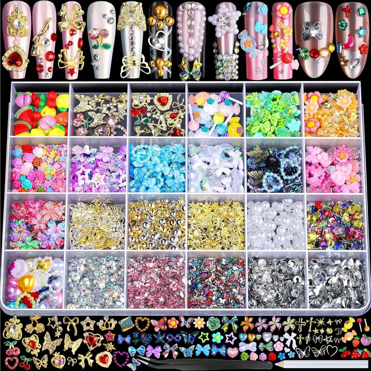 24 Grid Resin Nail Art Mixed Charms Flowers Butterfly Heart Pearl DIY Zpaxo MIX A 1Set