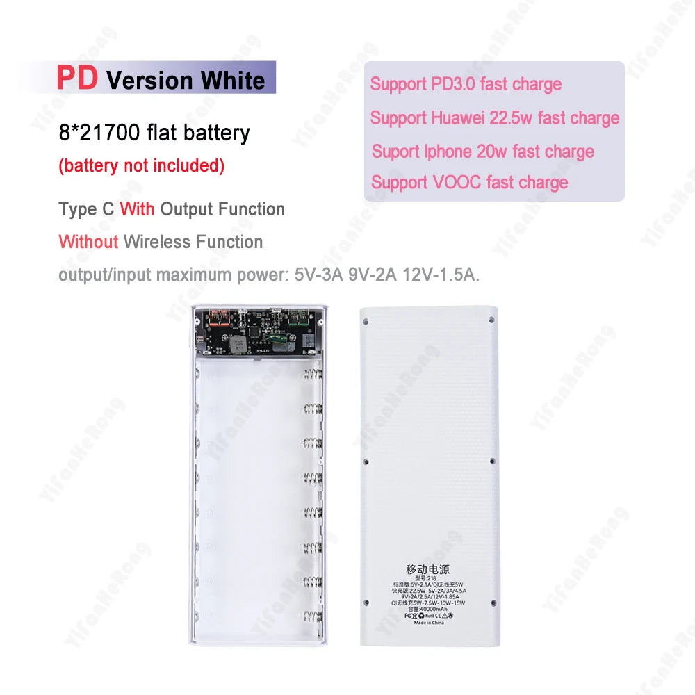 8x21700 Flashlight Battery Charger Box Power Bank Holder DIY Shell Case Dual USB 21700 Battery Shell Storage Organize Zpaxo PD White