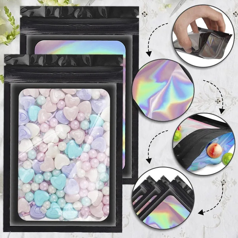 500Pcs Holographic Ziplock Bags Plastic Laser Iridescent Zip Bags for Manicure Eyelash Display Earrings Ring Jewelry Storage Bag Zpaxo